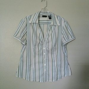 NY & Co Green, Blue, Gold Striped Button Shirt XL